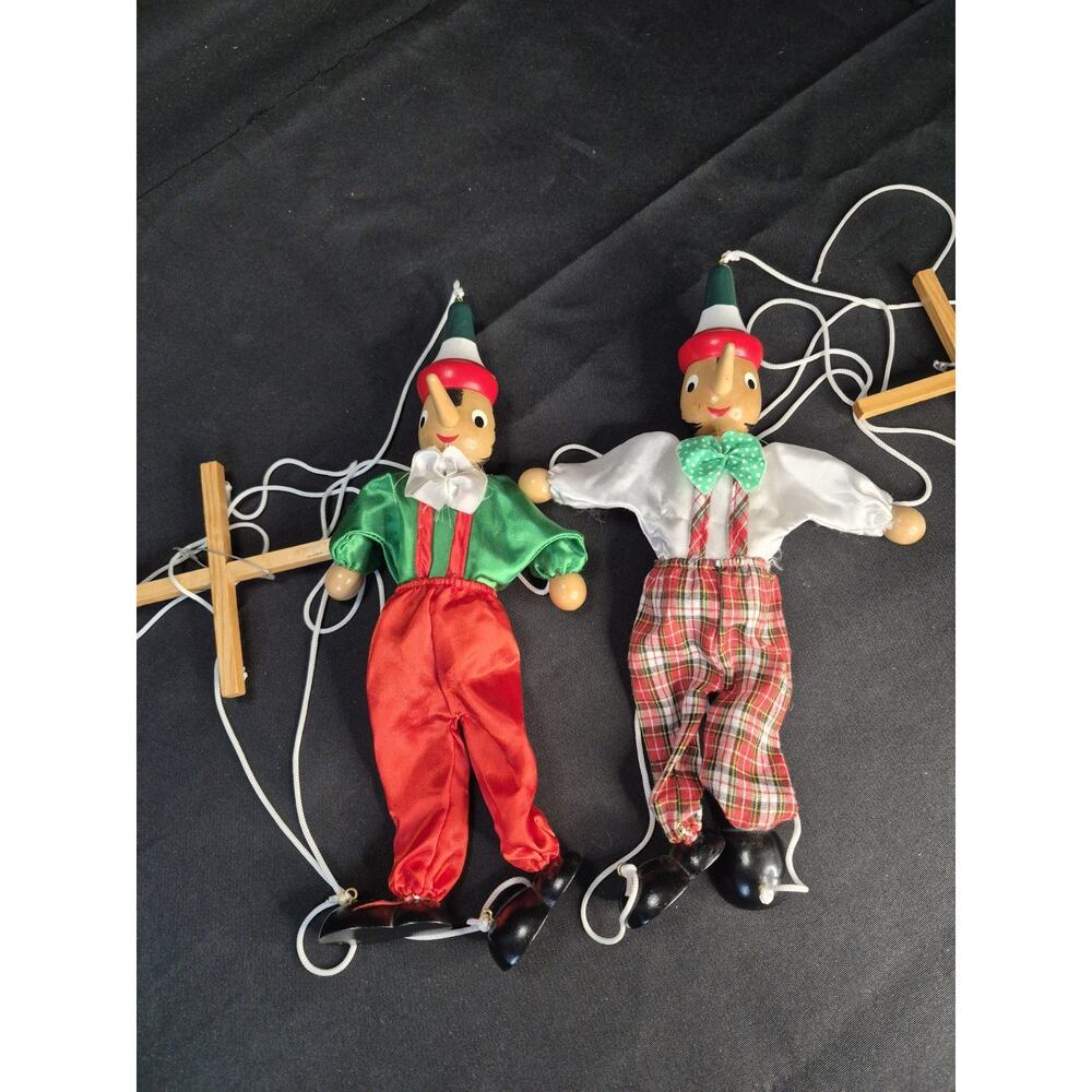 Vintage String Puppet Marionette Pinocchio Lot 2 Wood Long Nose Boy Fabric 14"